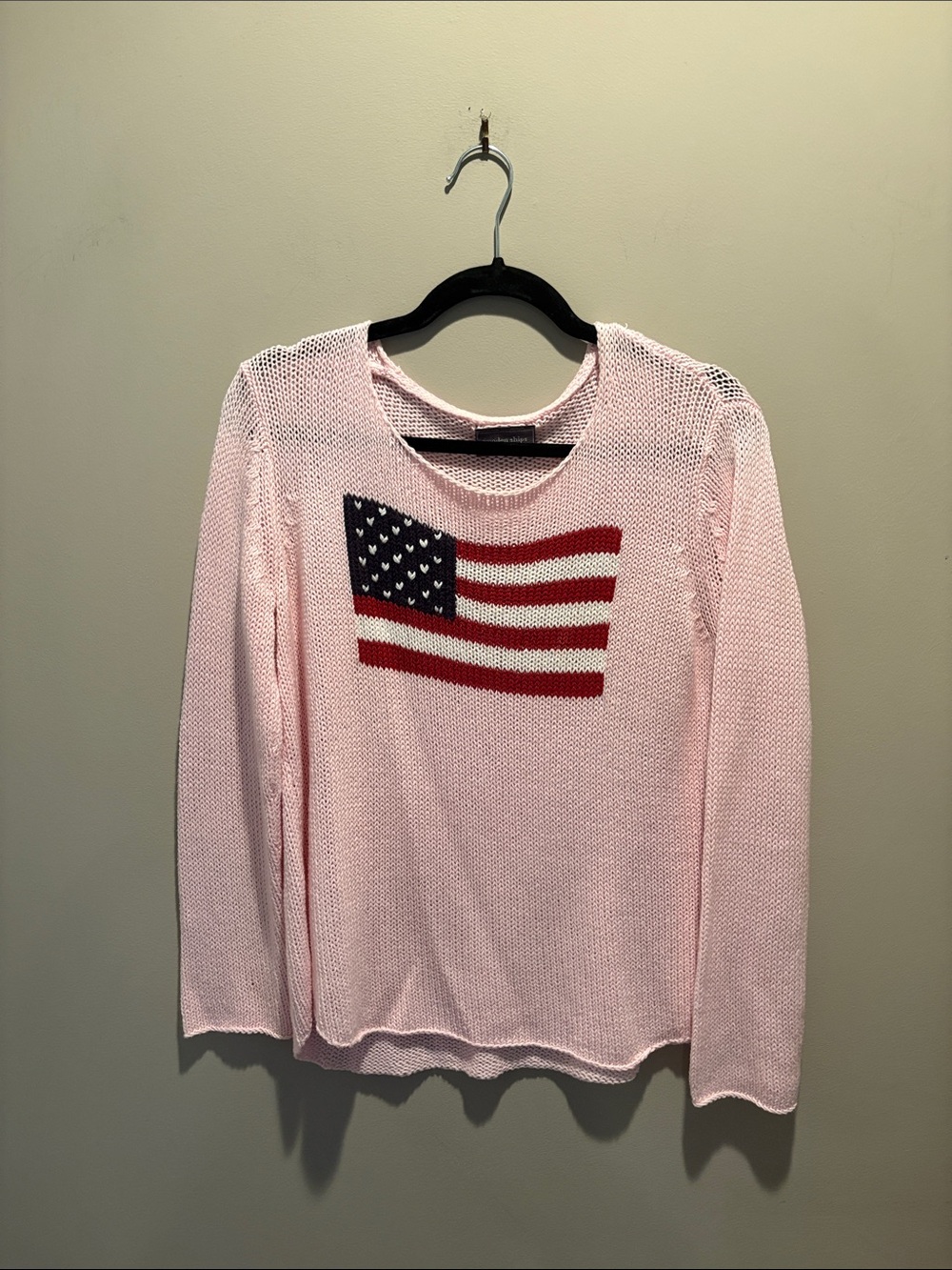 Wooden Ships Pale Pink Knit Sweater with American Flag